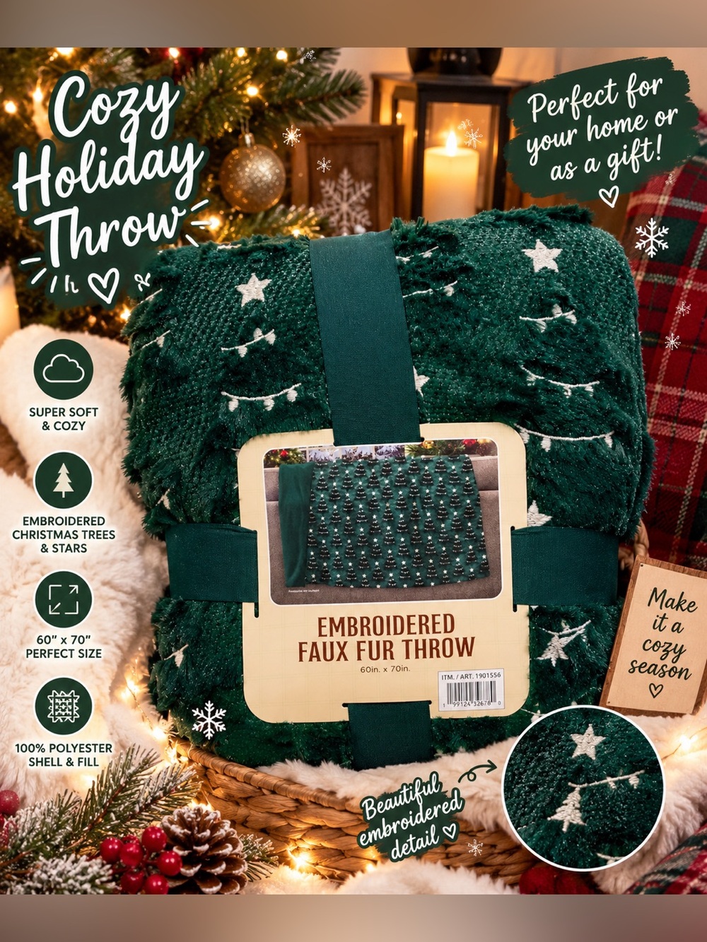 Embroidered Faux Fur Holiday Throw Blanket - Deep Green